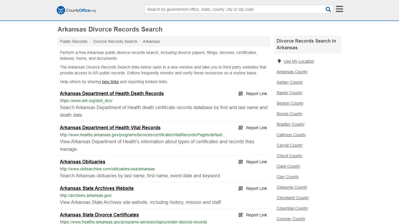 Arkansas Divorce Records Search - County Office
